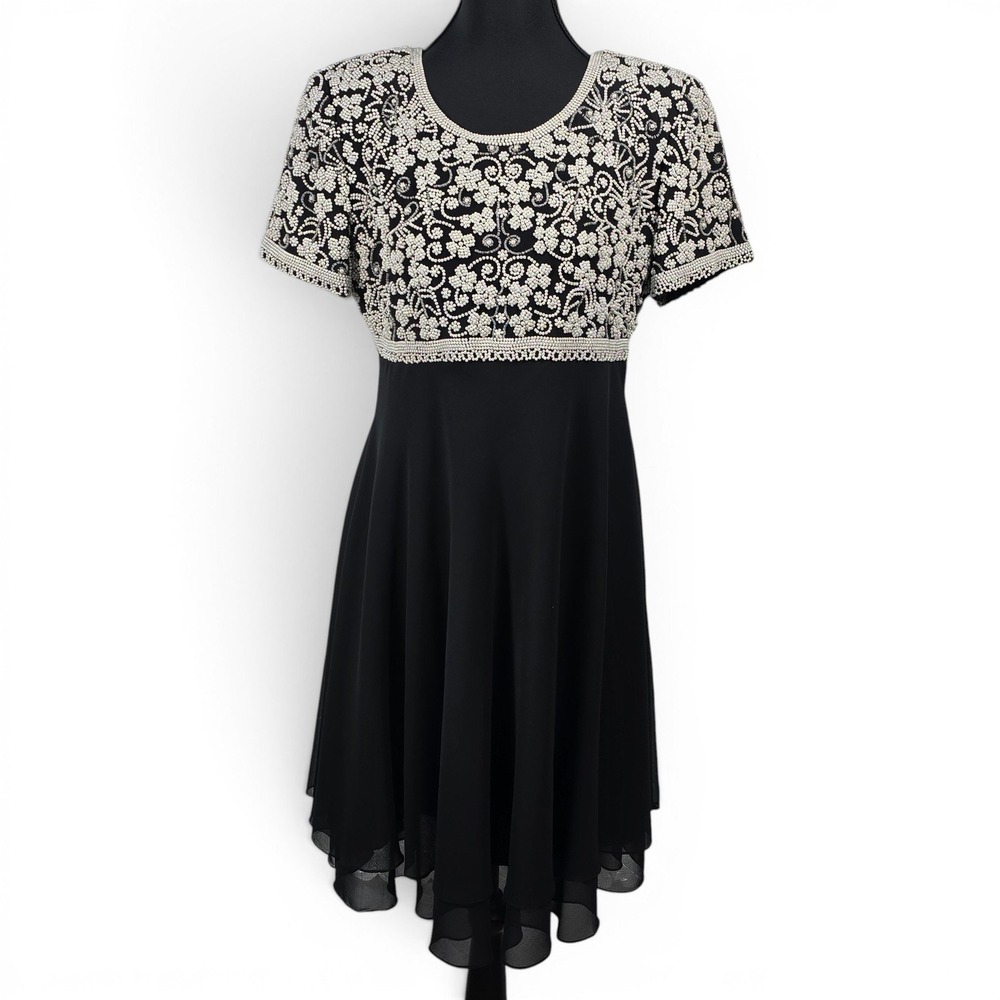 Laurence Kazar Black Beaded Faux Pearl Floral Chiffon Cocktail Dress Womens M